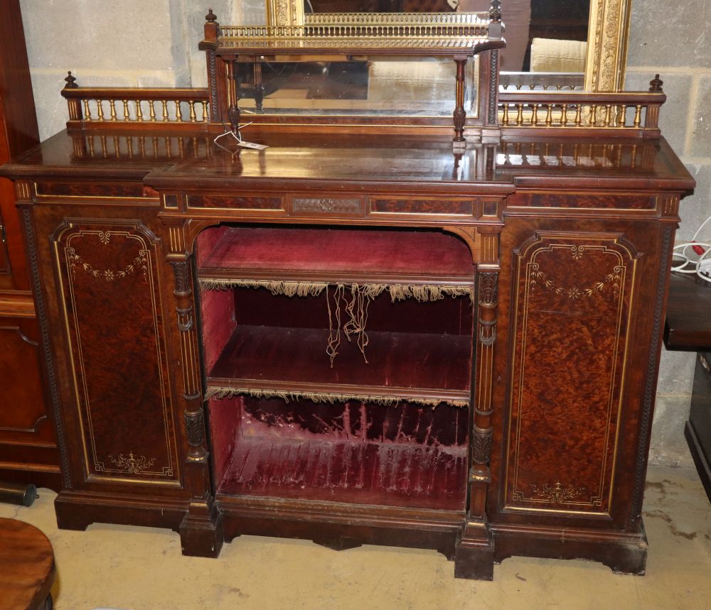 A Aesthetic movement Thuya wood dwarf breakfront bookcase cupboard, W.152cm, D.39cm, H.128cm